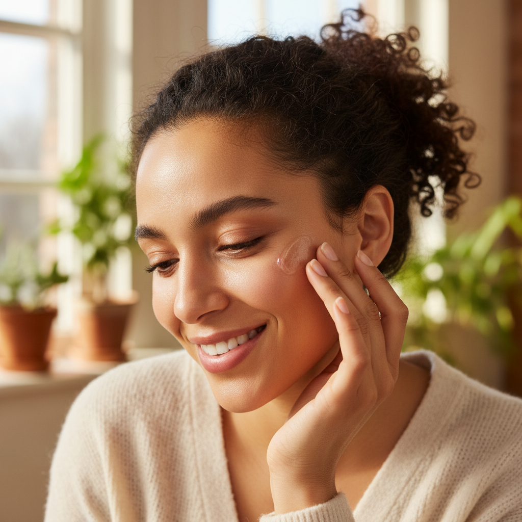 Woman applying jelly makeup with fingertips